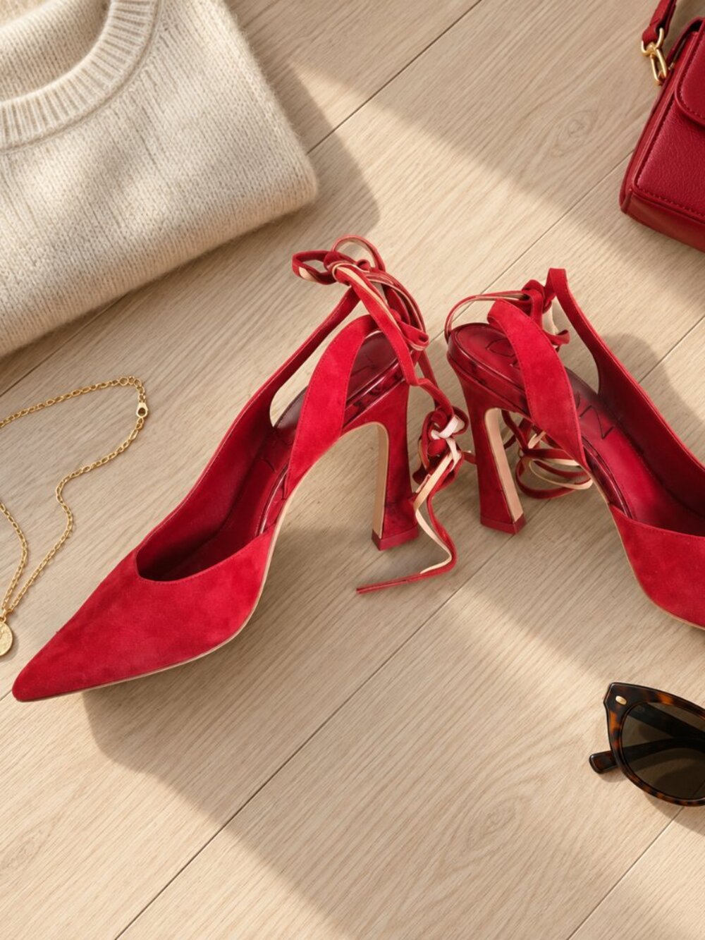 ❤️DELTAN Juliana Red Suede Ankle Tie Flared Heel Pumps 8❤️